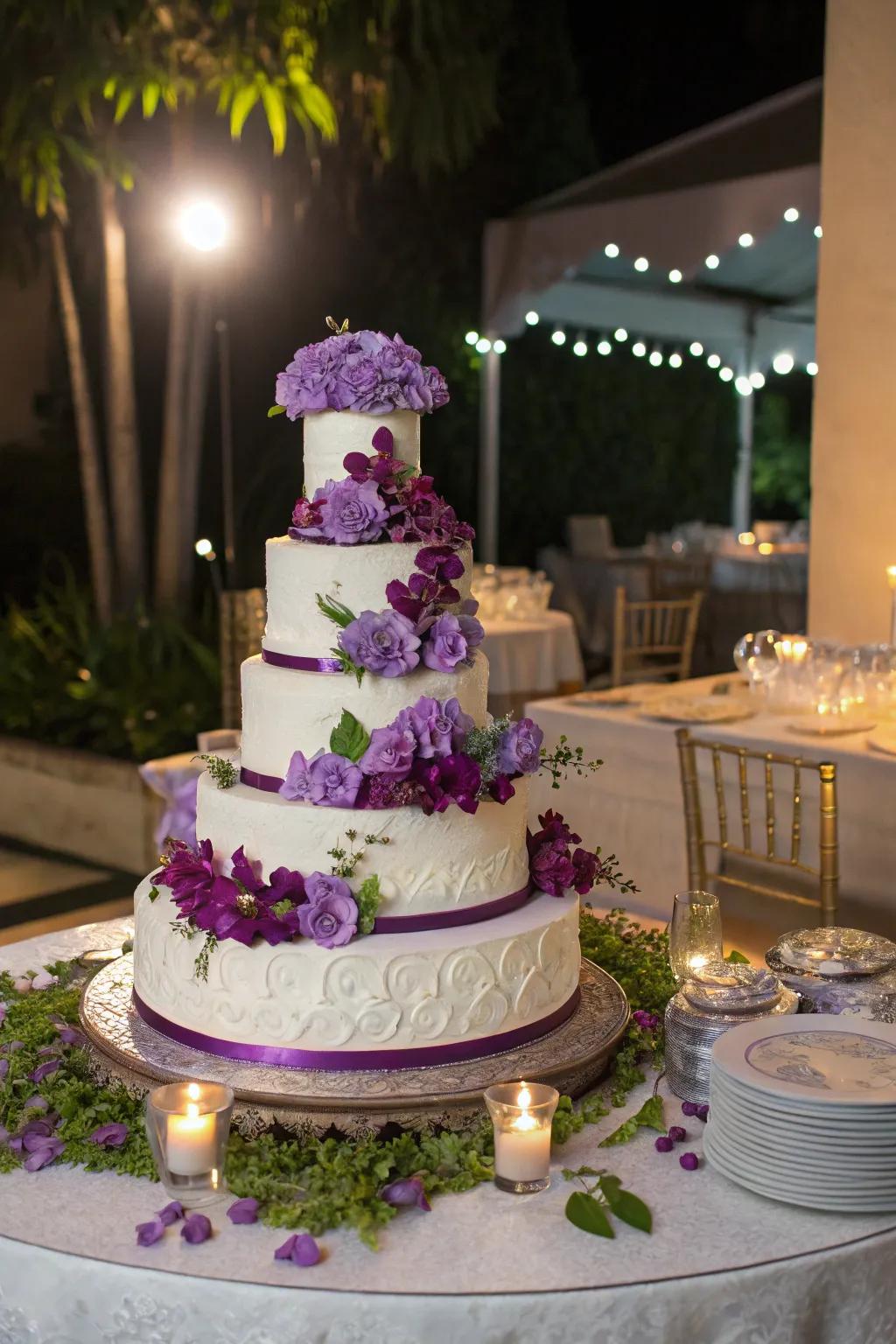 A wedding confection with violet accents is both exquisite and scrumptious.
