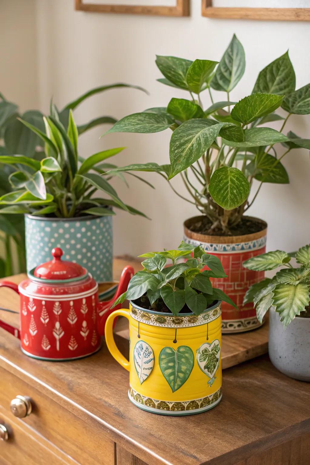 Houseplants in creative containers like teacups.