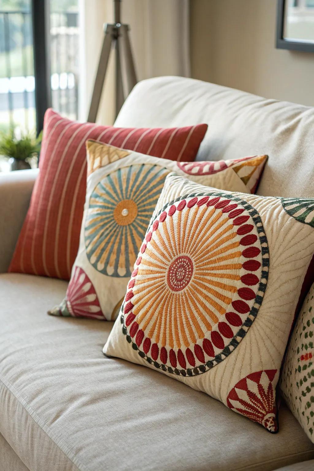 A cozy couch adorned with pillows showcasing radial design patterns.