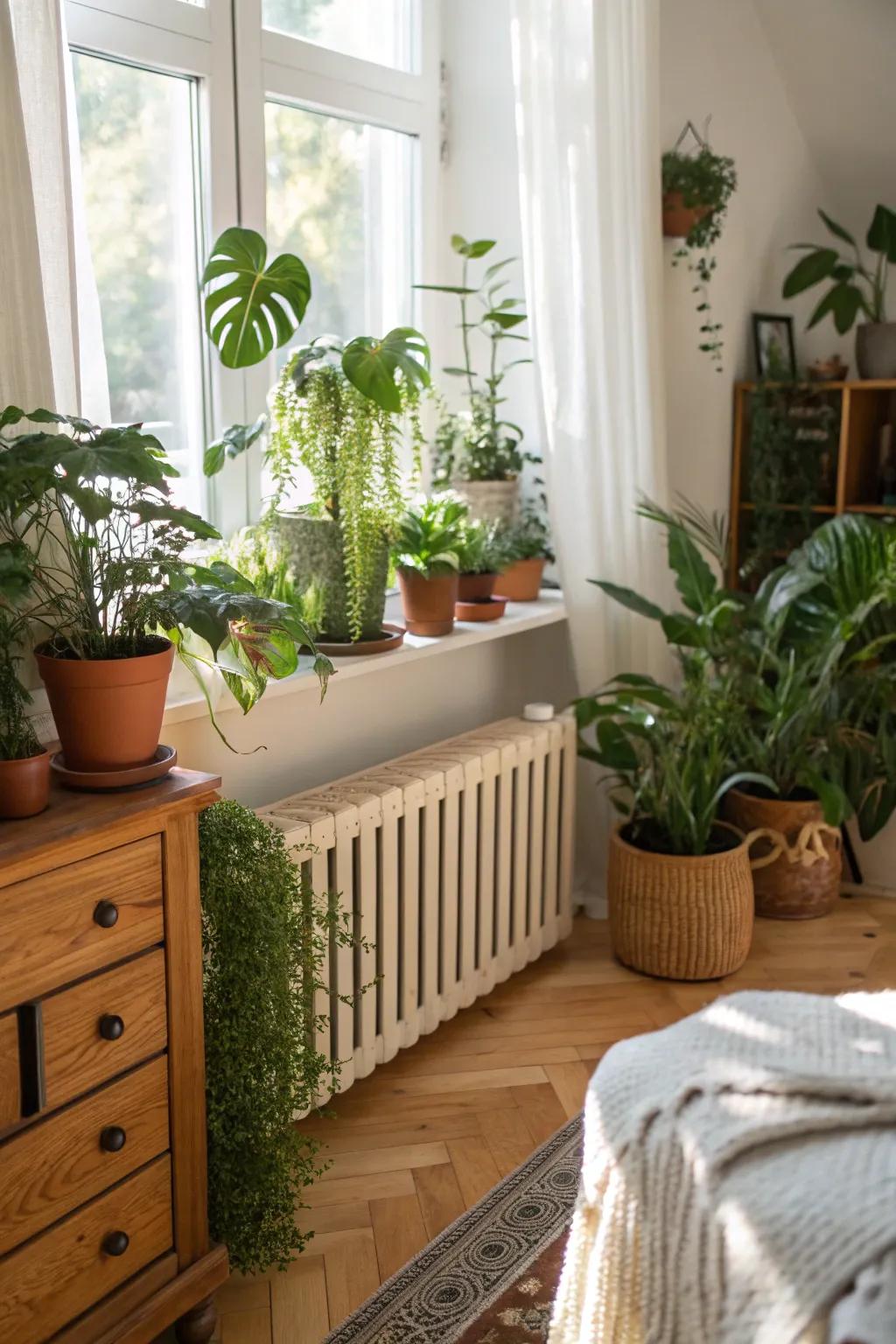 Potted plants on a radiator concealment bring a fresh, natural vibe to the space.