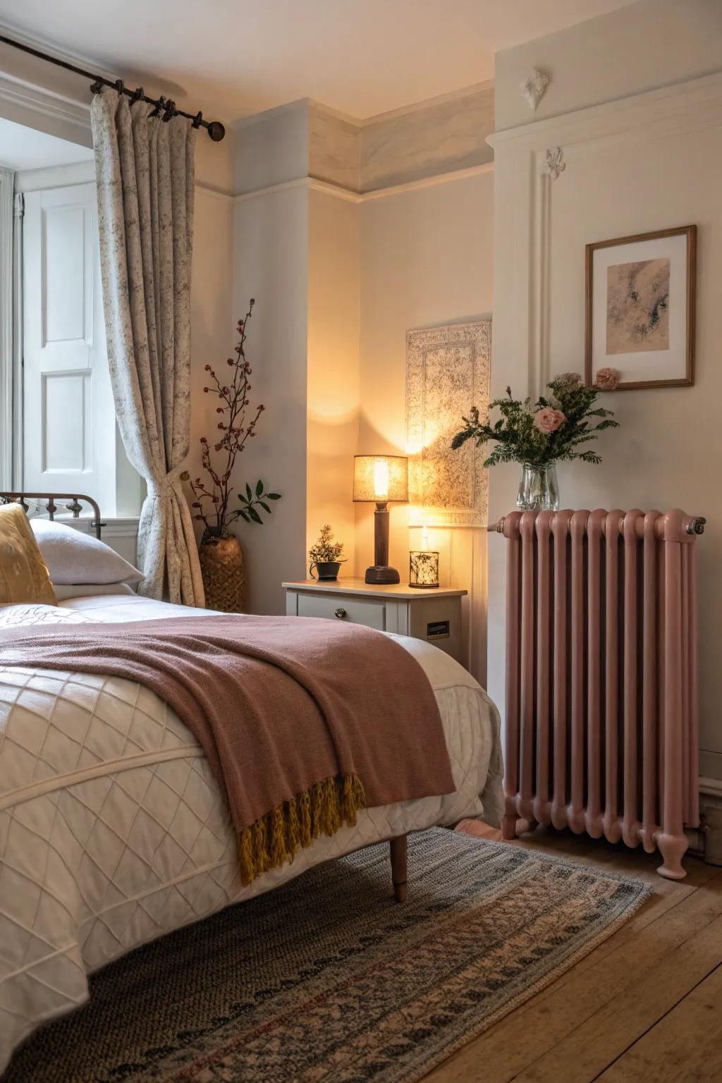 Dusty rose radiators evoke delicate sentiment.