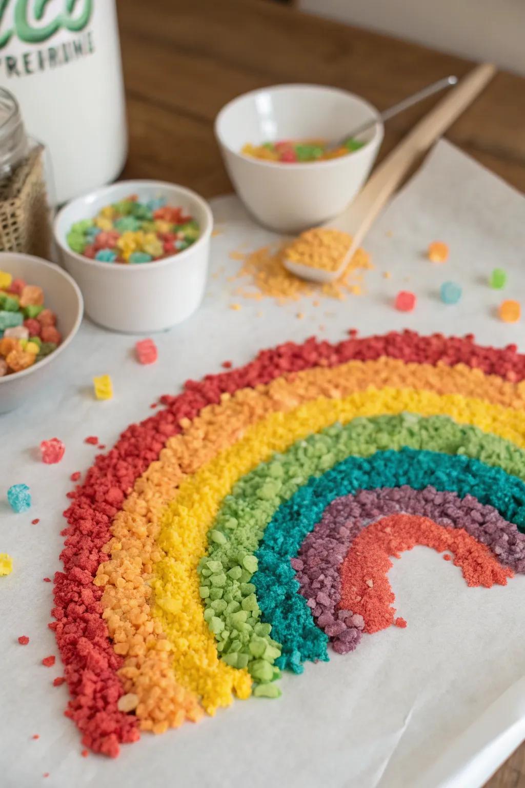 A textured rainbow created with crushed cereal.