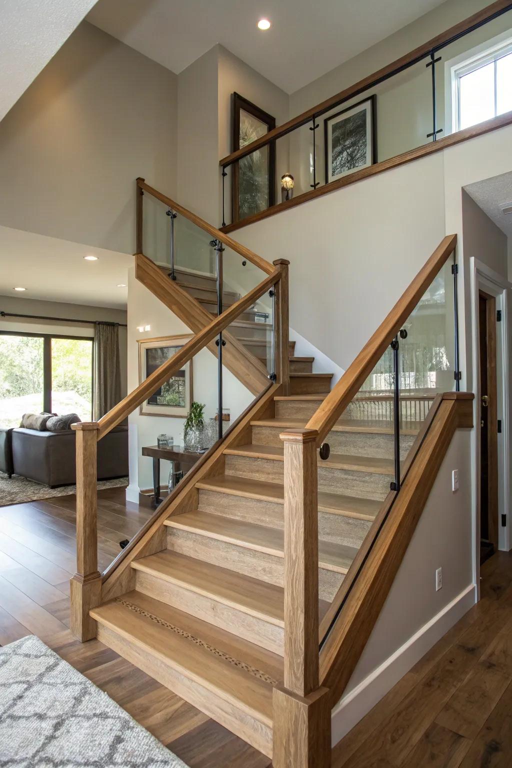 The entryway staircase looks bigger because of the open railings.
