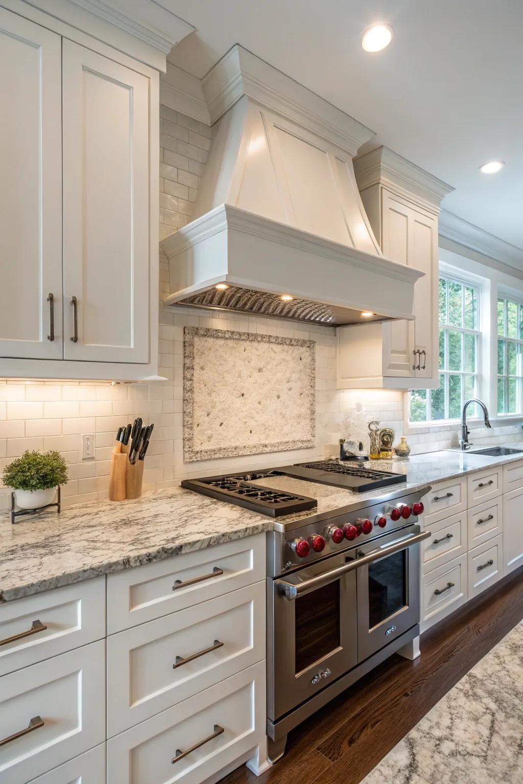 Kitchen featuring a seamless backsplash that flows over the range hood for a cohesive look.