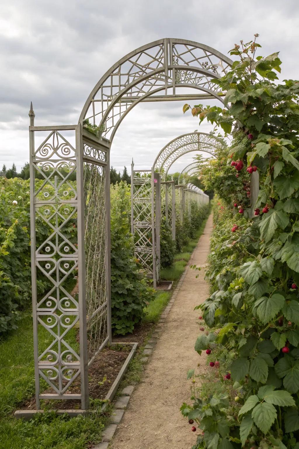 A metallic trellis imparts a modern edge to a raspberry garden.