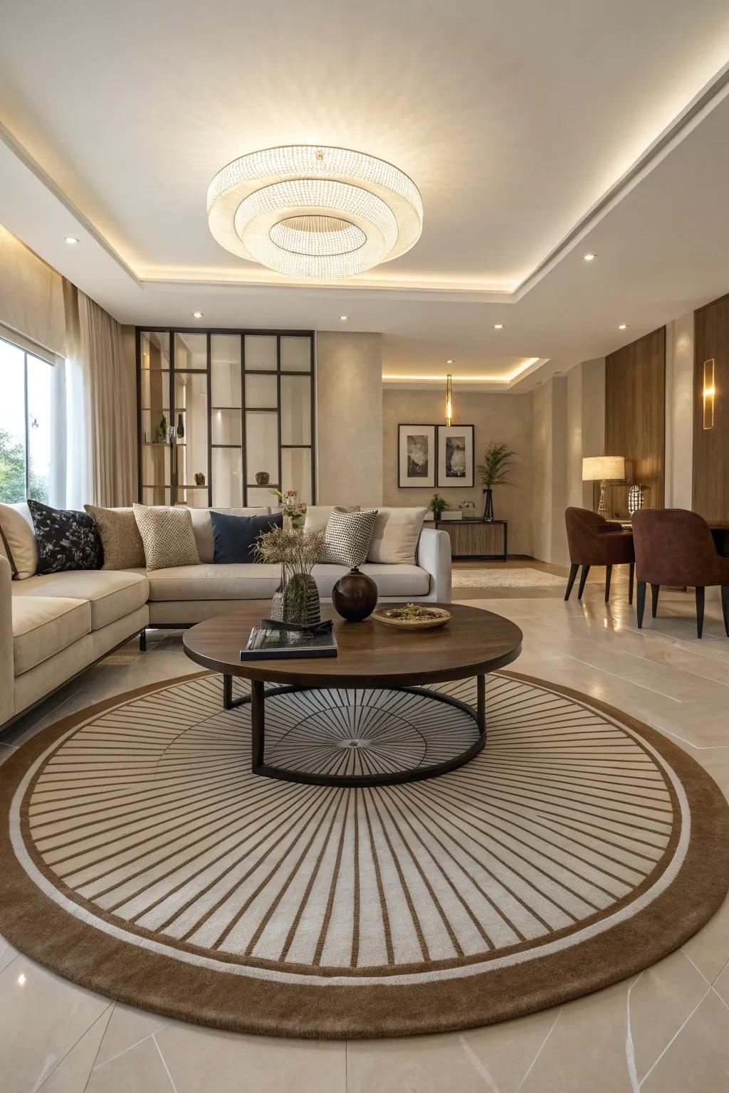 Rounded elements soften the geometry of the room.
