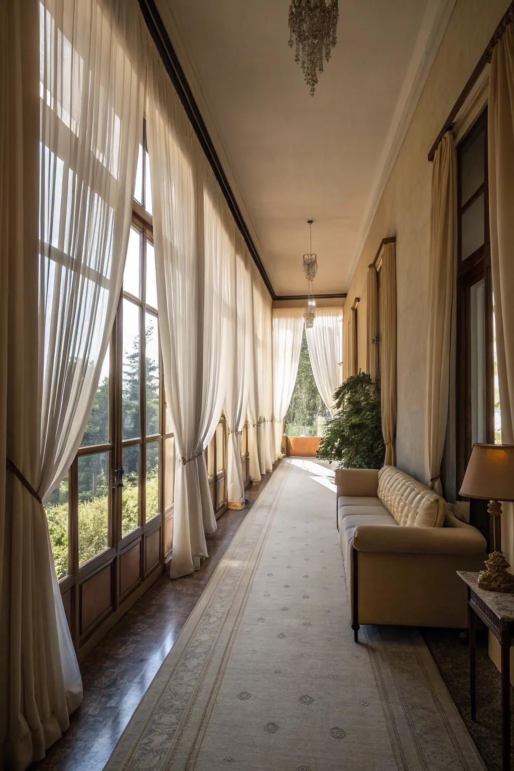 Natural light improves the openness of a slim living room.