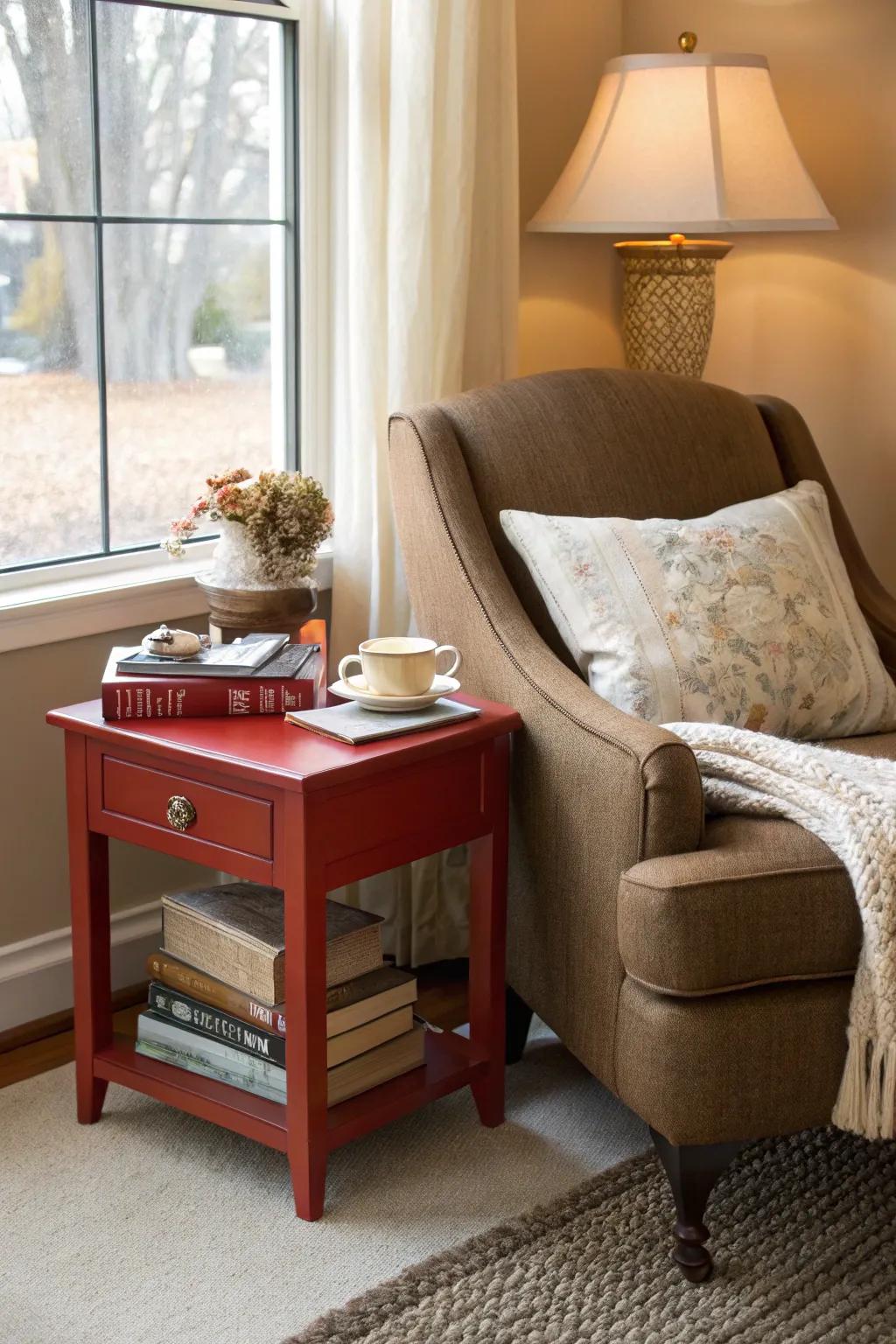 A reading nook featuring rouge and cocoa elements promotes relaxation.