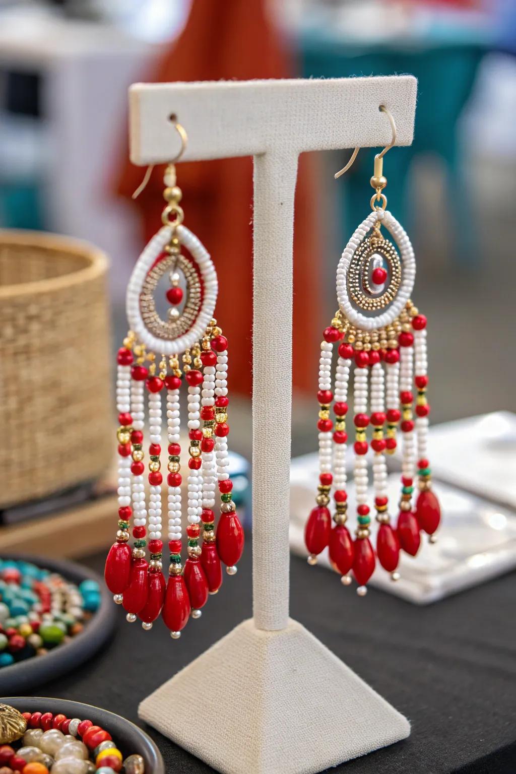 Incorporate a burst of color with ornate ear pendants.