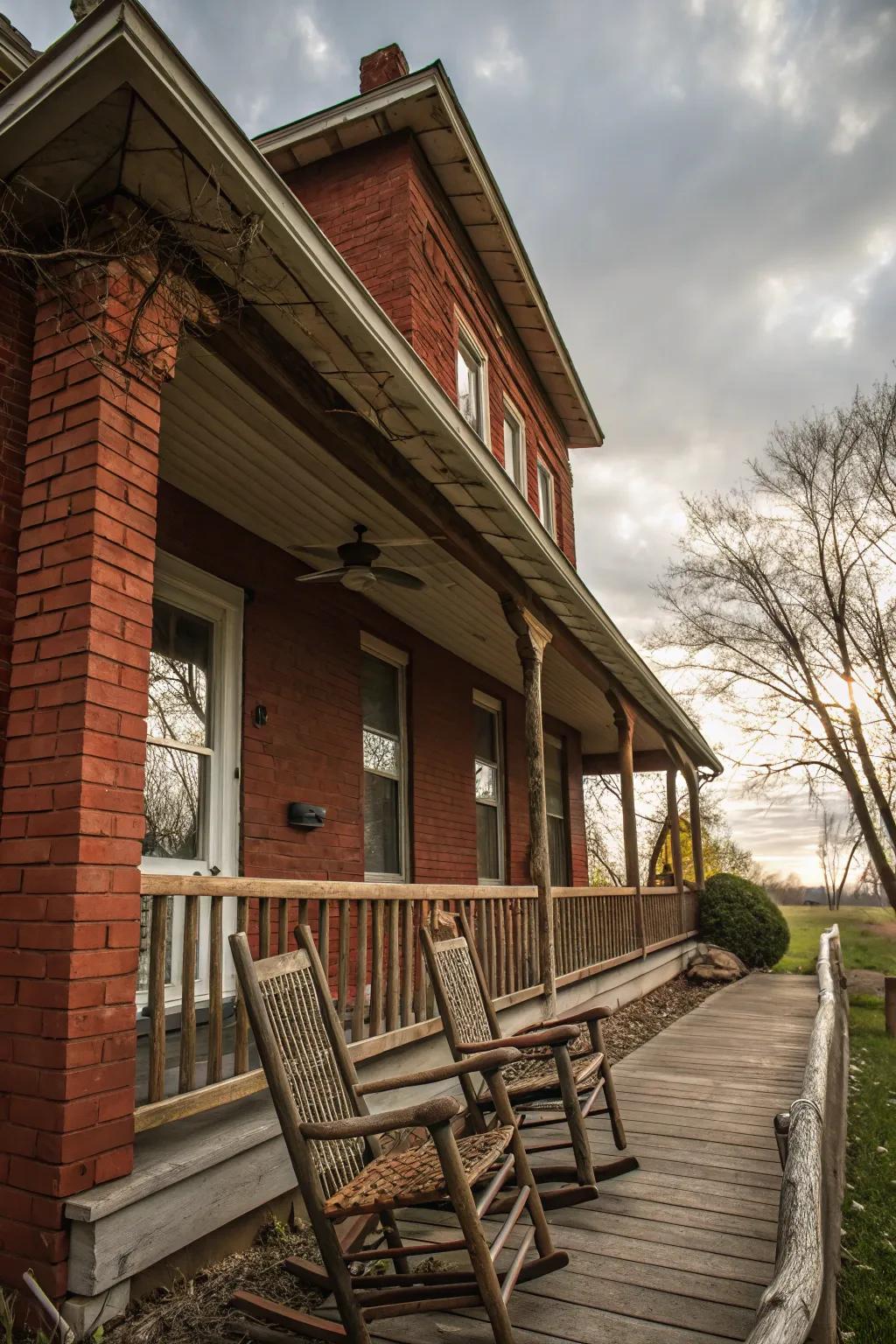 Rustic rocking chairs are perfect for a peaceful moment on a red brick porch.