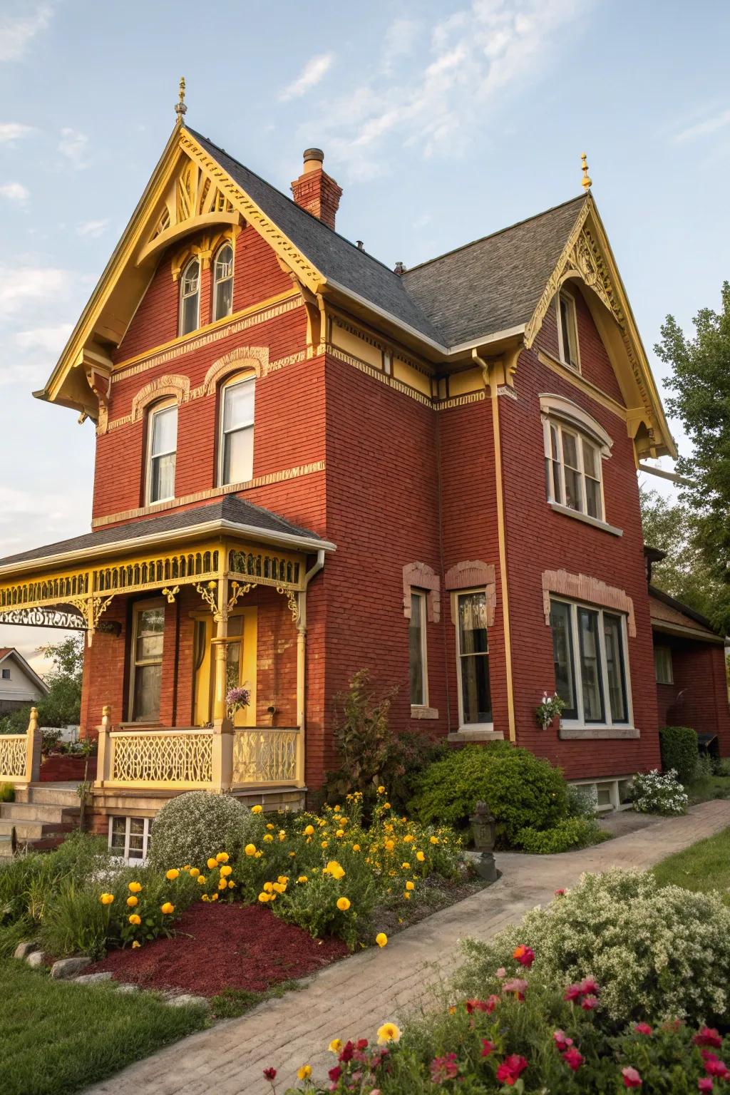 Amber trim adds a cheerful and inviting vibe to crimson brick homes.