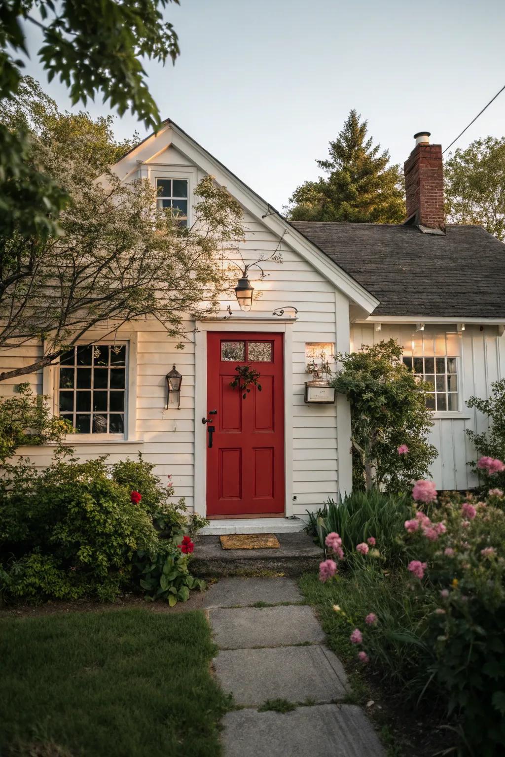 Charming cottage with a scarlet door and vintage accents.