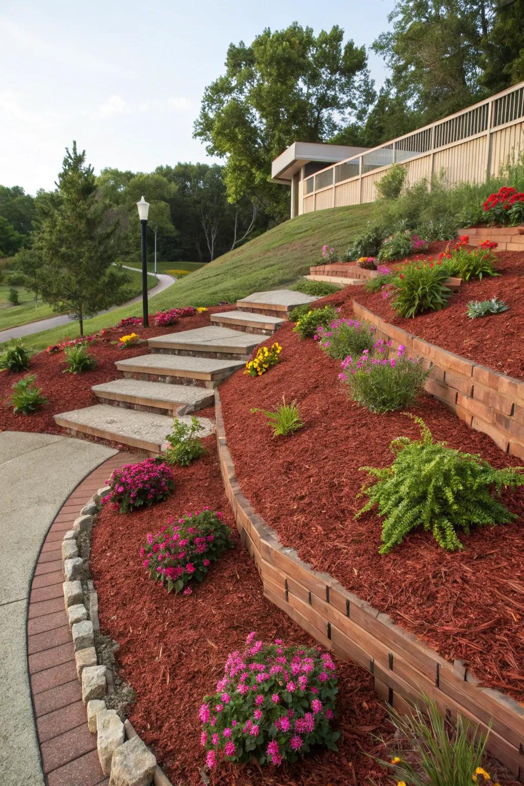 Garnet ground cover on slopes manages erosion and introduces a vibrant garden element.