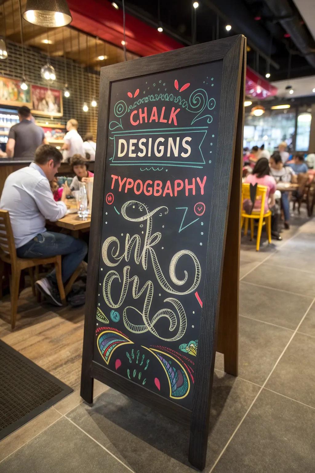 A vibrant chalkboard filled with colorful designs and attention-grabbing typography.