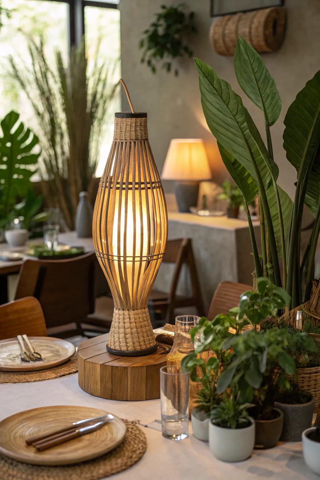 A bamboo table lamp on a restaurant table with natural decor elements.