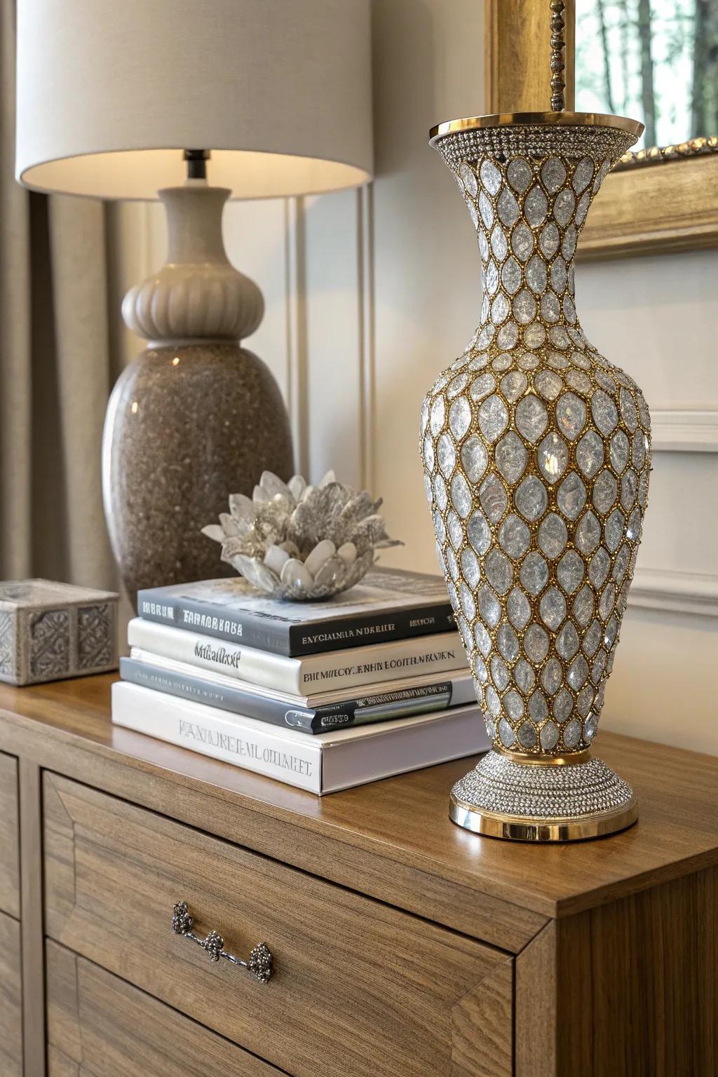 Dual honeycomb adhesive gems transform simple vases.