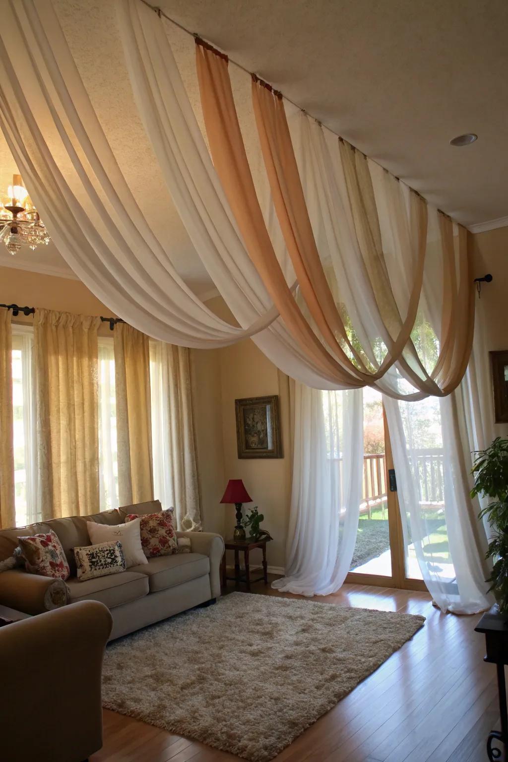 Dramatic ceiling-to-floor ribbon drapes.