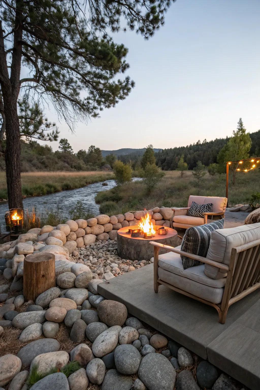 A smooth stone surround introduces country charm and safety to this inviting fire pit space.