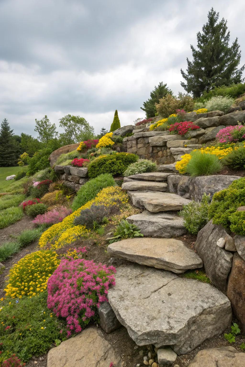 A terraced rock garden turns an incline into a lovely focal point.