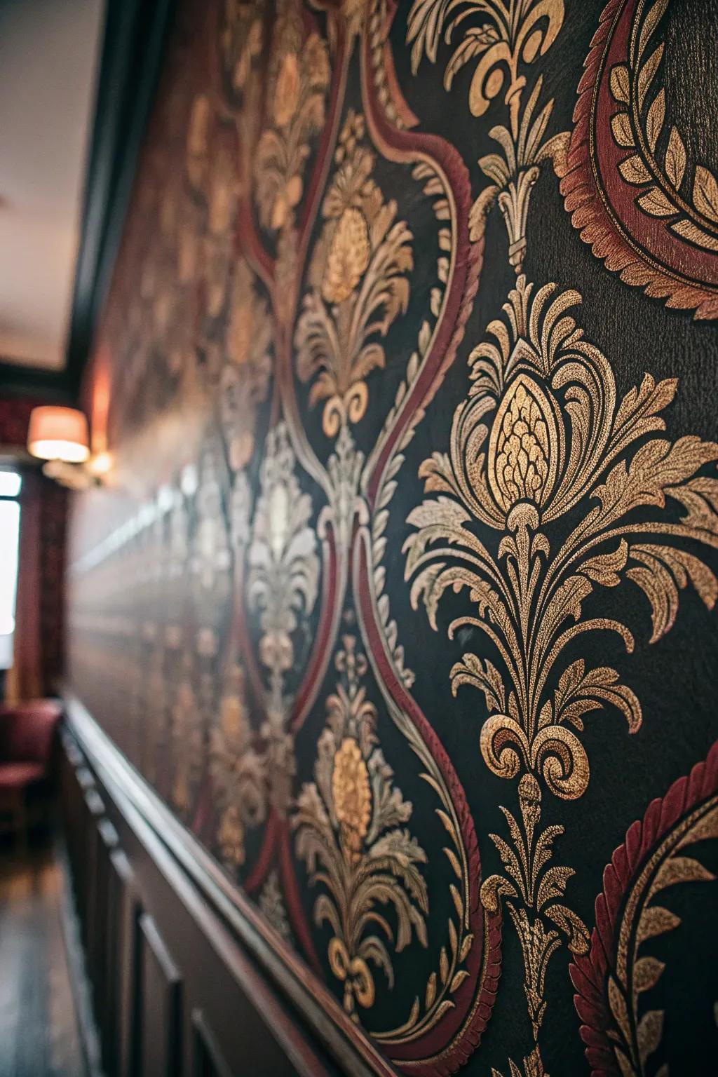 Decorative wall coverings add depth and Victorian charm to the bedroom decor.