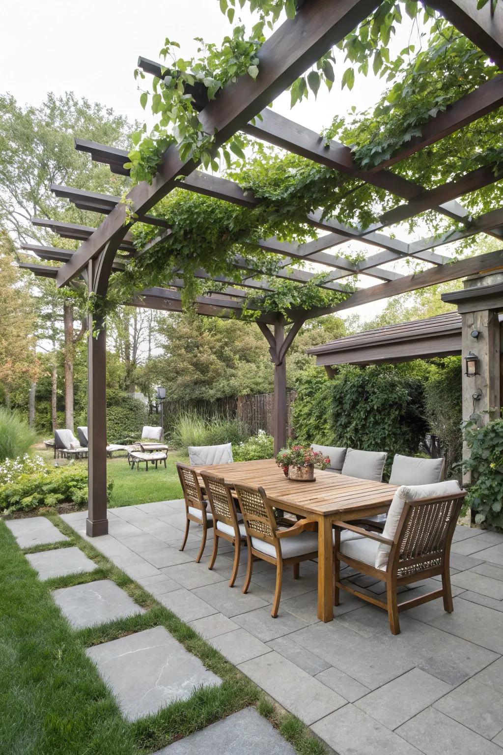Sheltered roofs deliver fashionable outdoor living with sun defense.