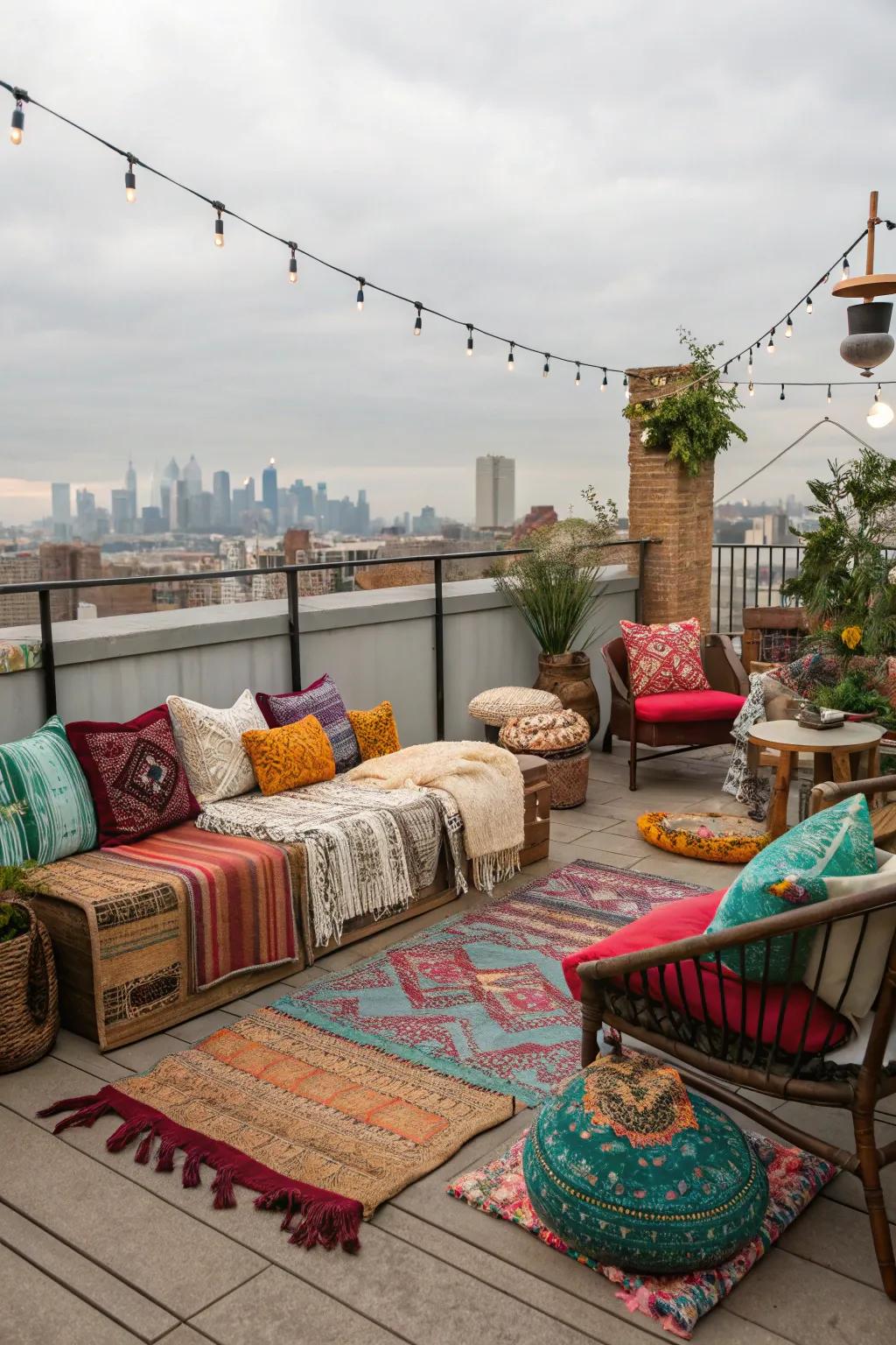 Comfortable and vibrant rooftop decor.