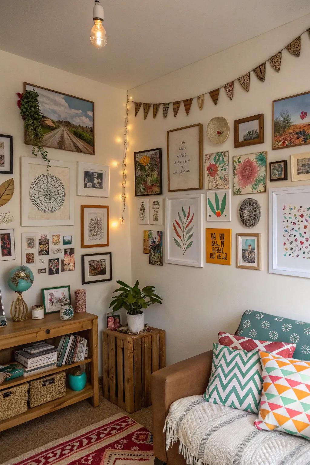 A personalized room featuring an array of art and decor that showcases individual style.