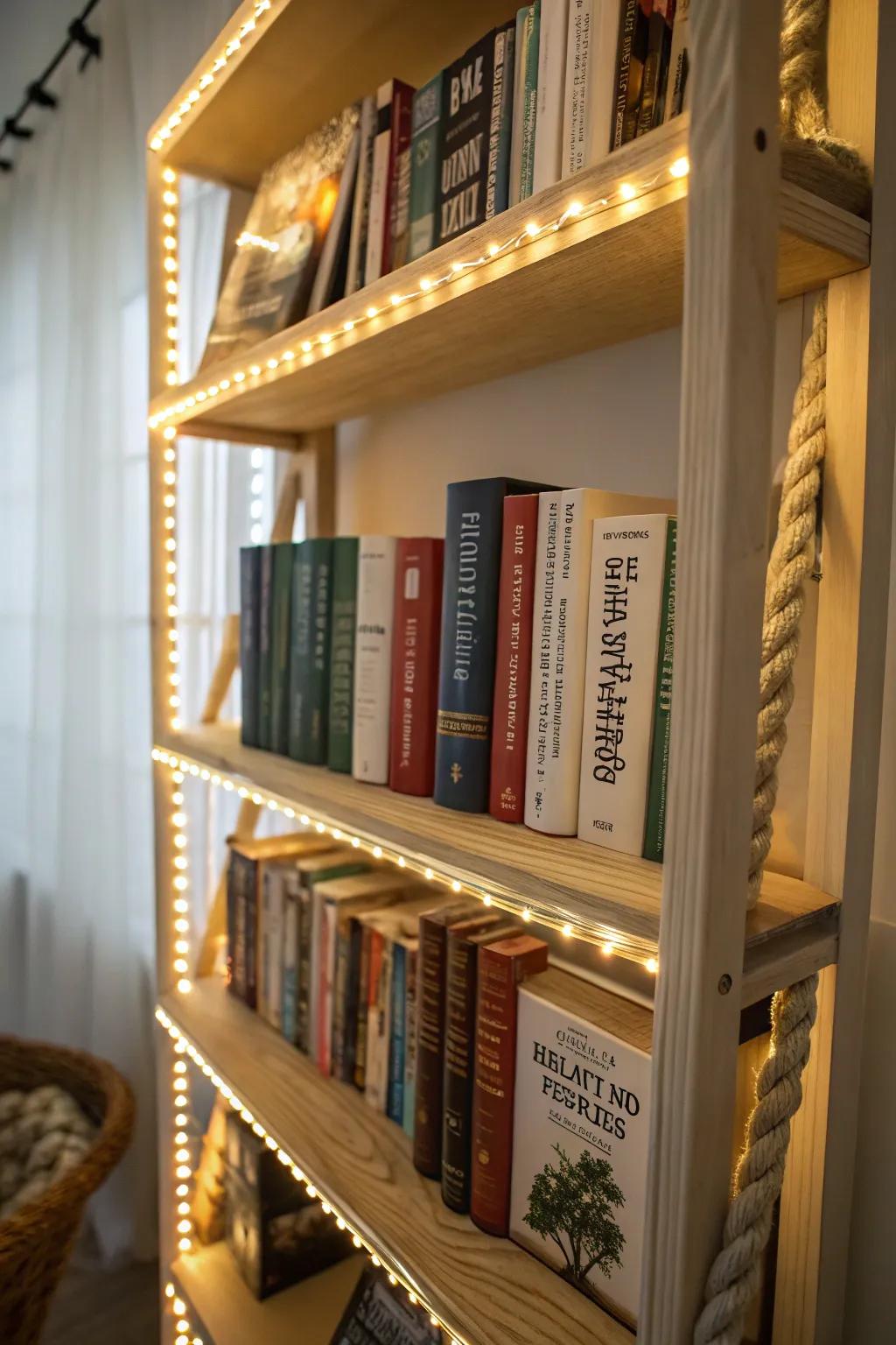 Make your bookshelves shine with light strands.