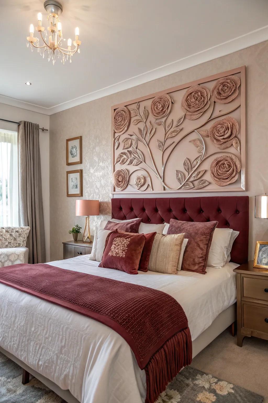 Pink-tinted gold wall art adds modern elegance and visual interest.