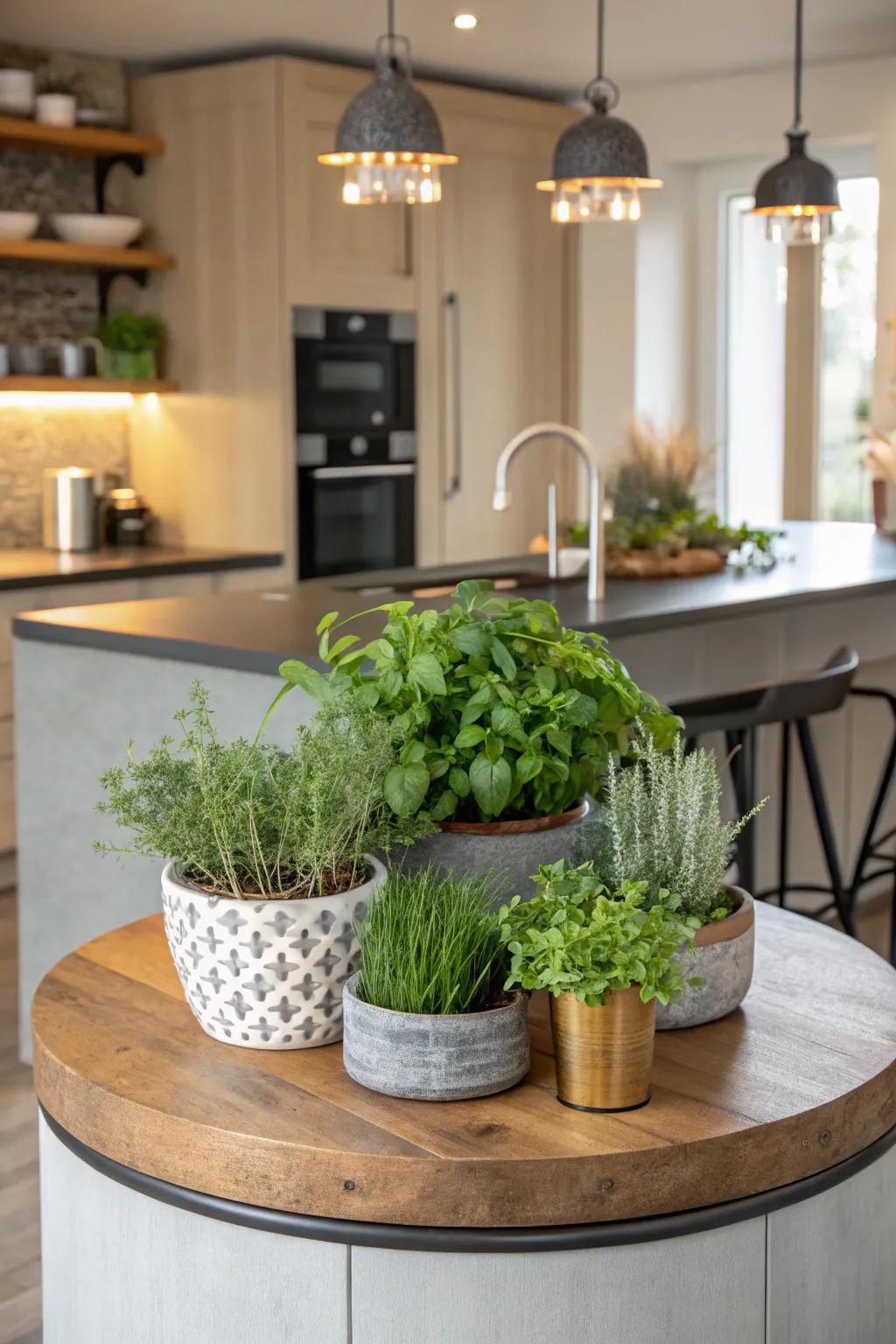 Plants bring a refreshing element to a circular kitchen island.