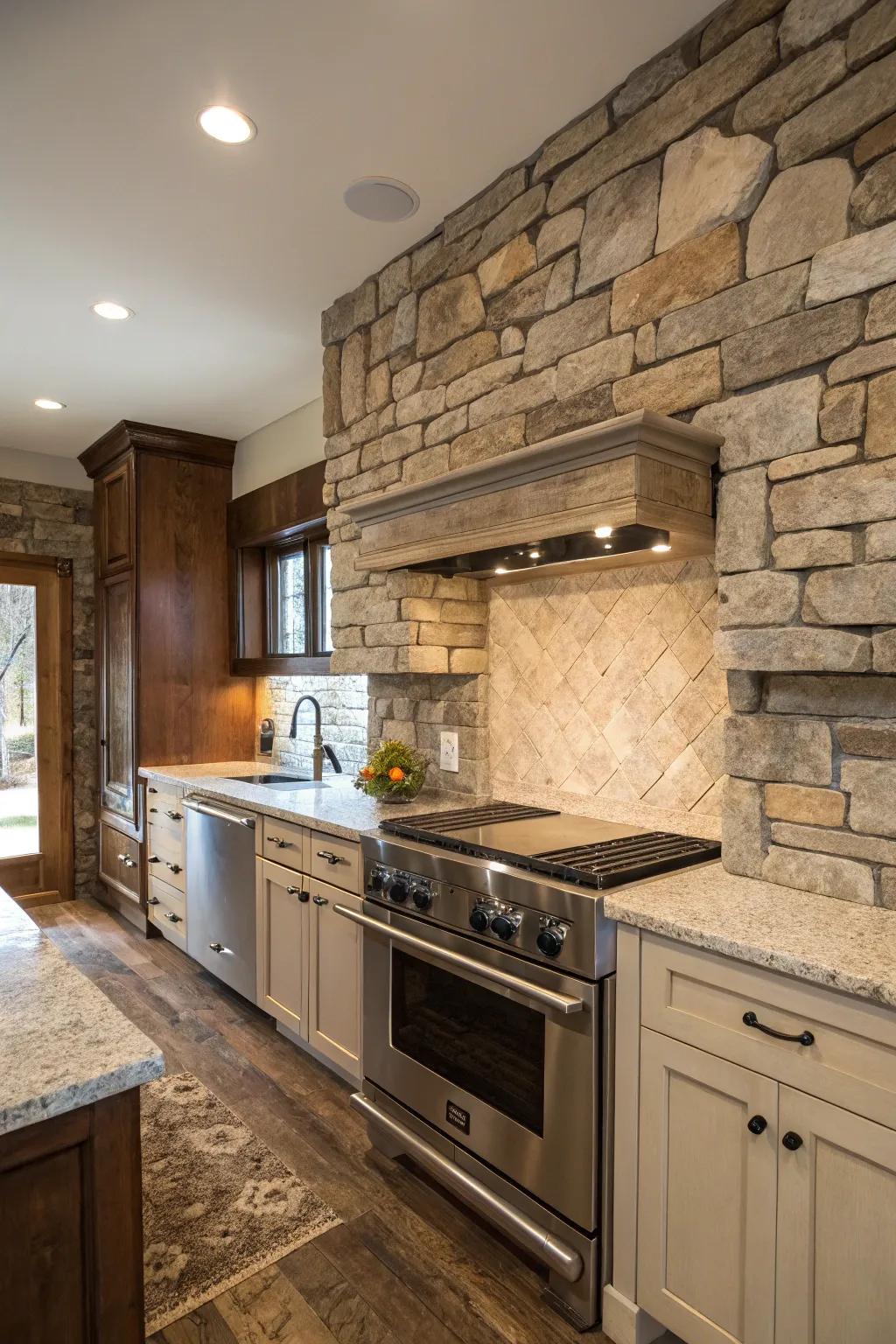 The mix of rustic and modern aspects develops a balanced kitchen look.
