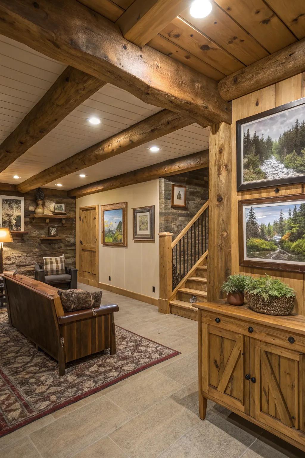 Wall art adds character to your rustic basement.