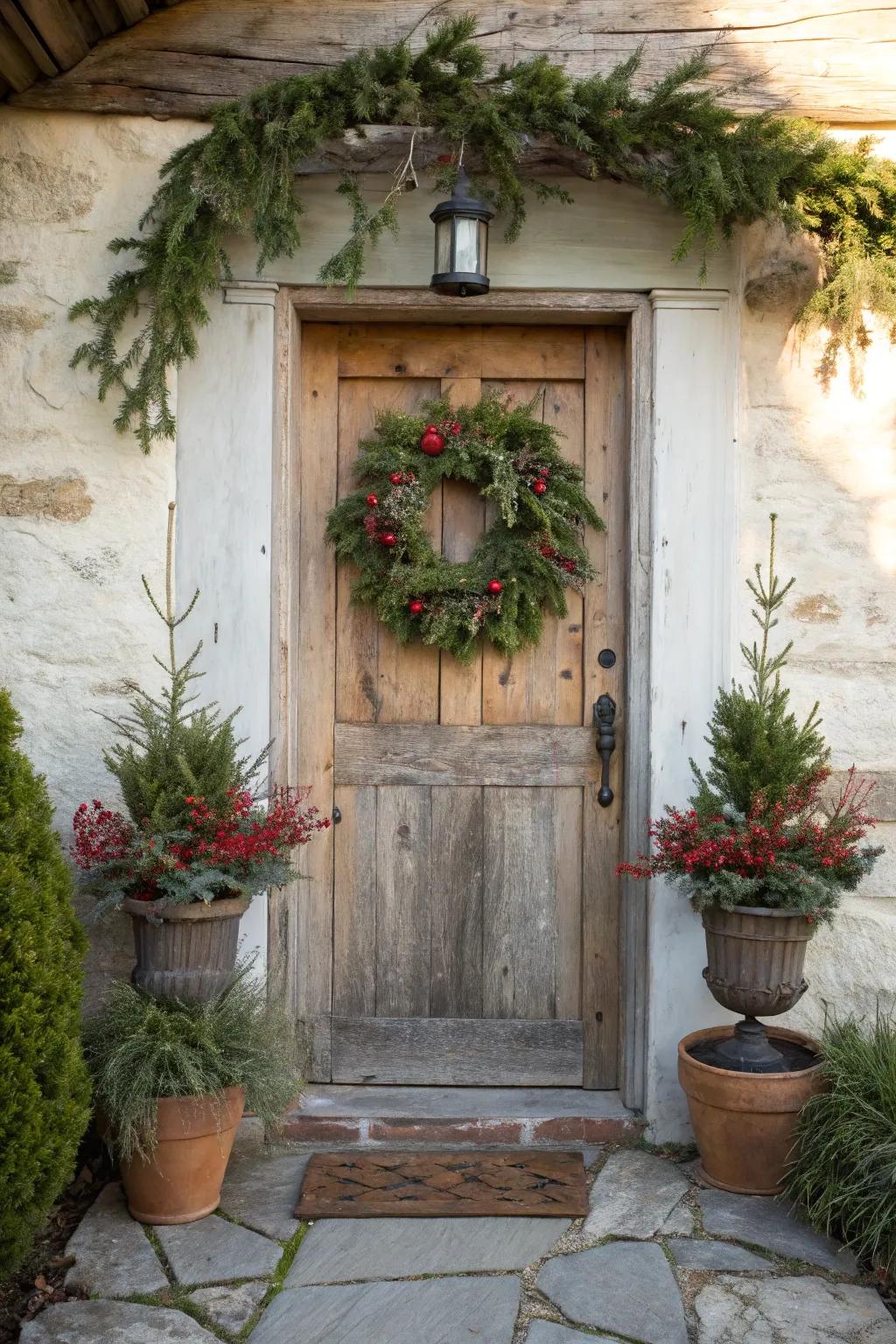 Doors are made more welcoming by rustic decor such as garlands and plants.