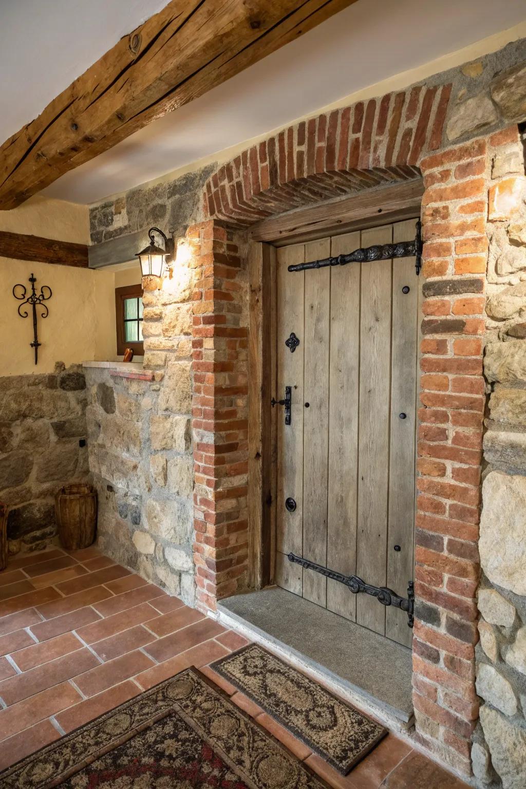 A rustic door frame complemented by stone and brick elements for added charm.