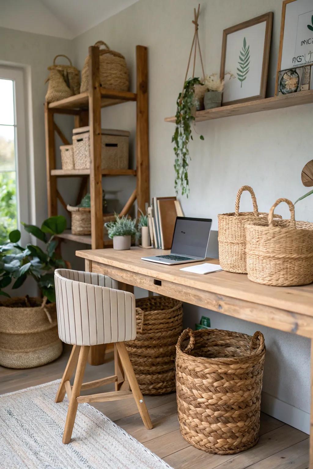 Braided receptacles bring both utility and farmhouse flair to your workspace.