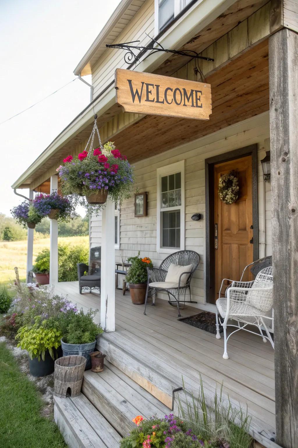 A rustic sign brings a personal touch to this country porch.