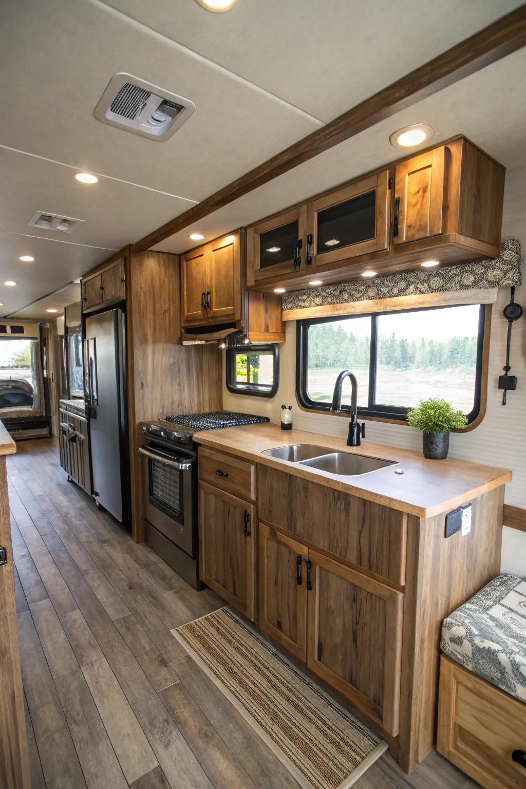 A refined mini-kitchen becomes the core of a countryside trailer.