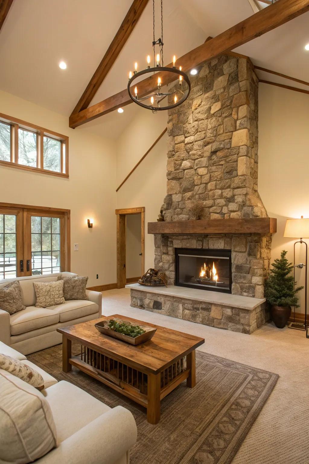 An open area accentuates the rustic elegance of this fireplace.