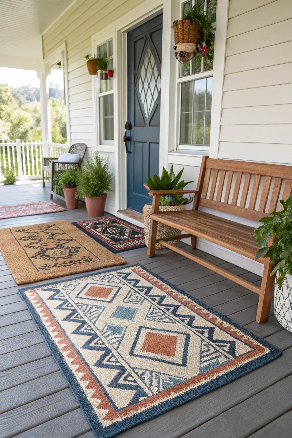 Outdoor carpets and welcome mats introduce warmth and texture to a rustic porch.