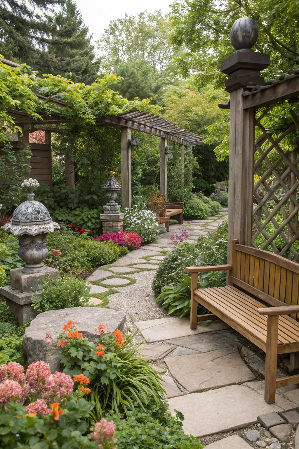 Natural elements like timber and stone accentuate this garden.