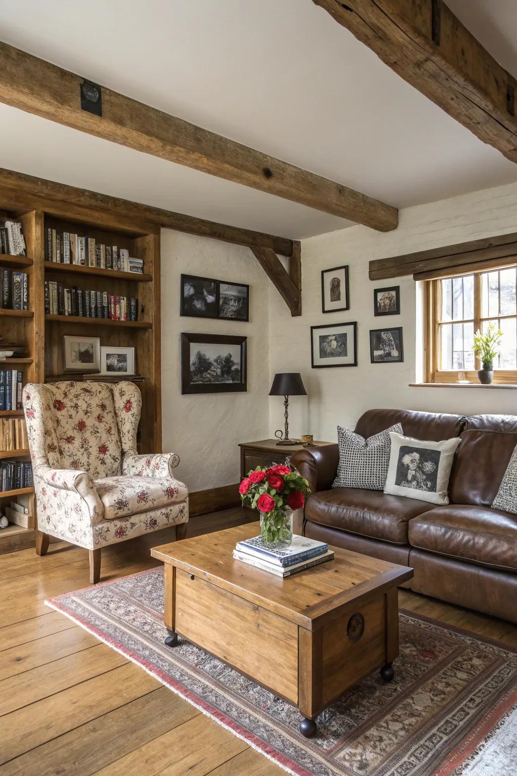 A fusion of modern and vintage pieces in a rustic living room.
