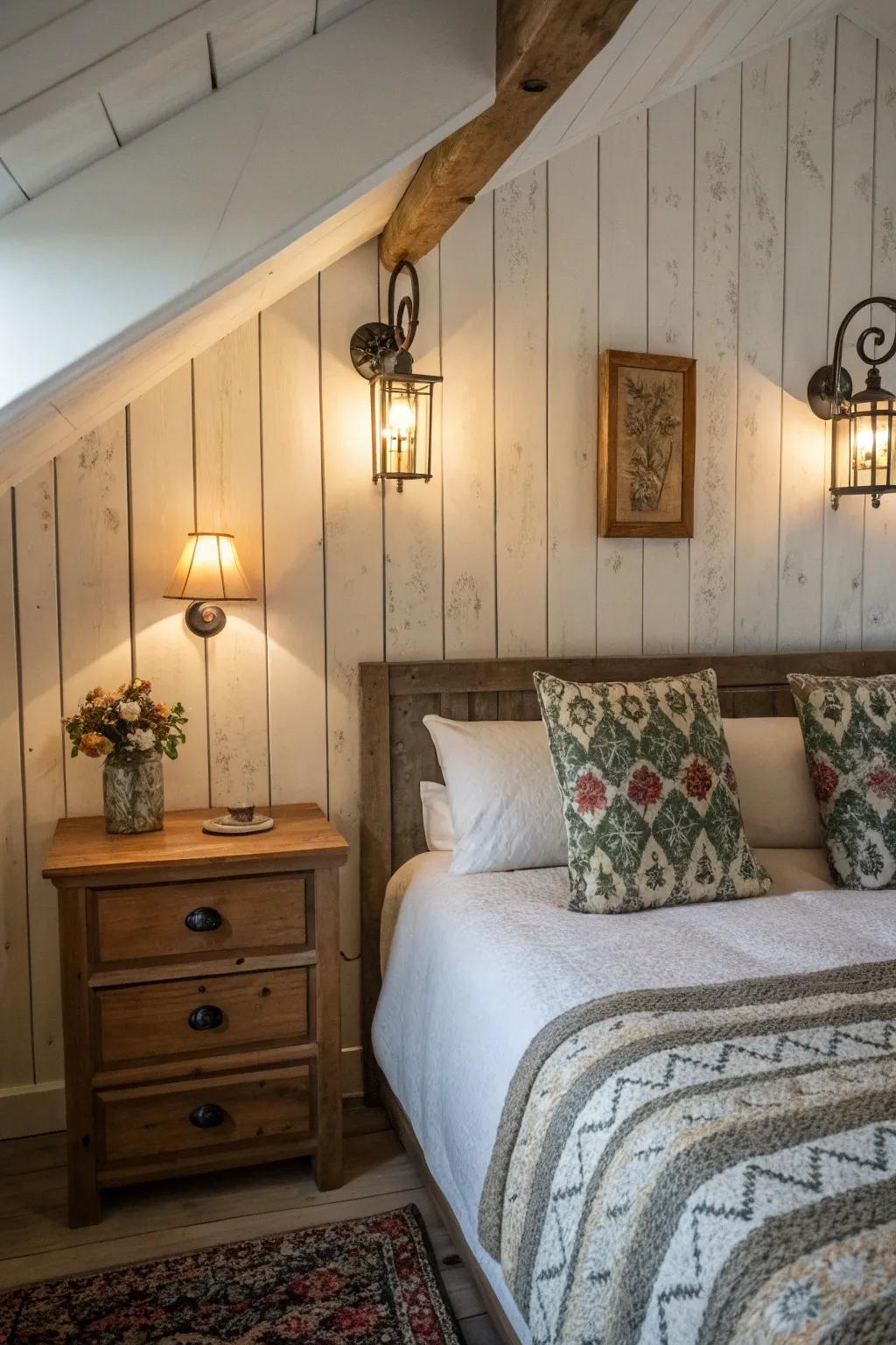 Soft sconces contribute a cozy touch to this cottage-style bedroom.