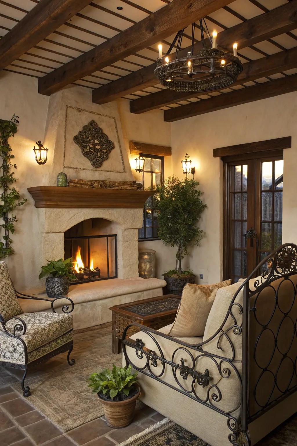 Wrought iron introduces rustic refinement and contrast to living room spaces.