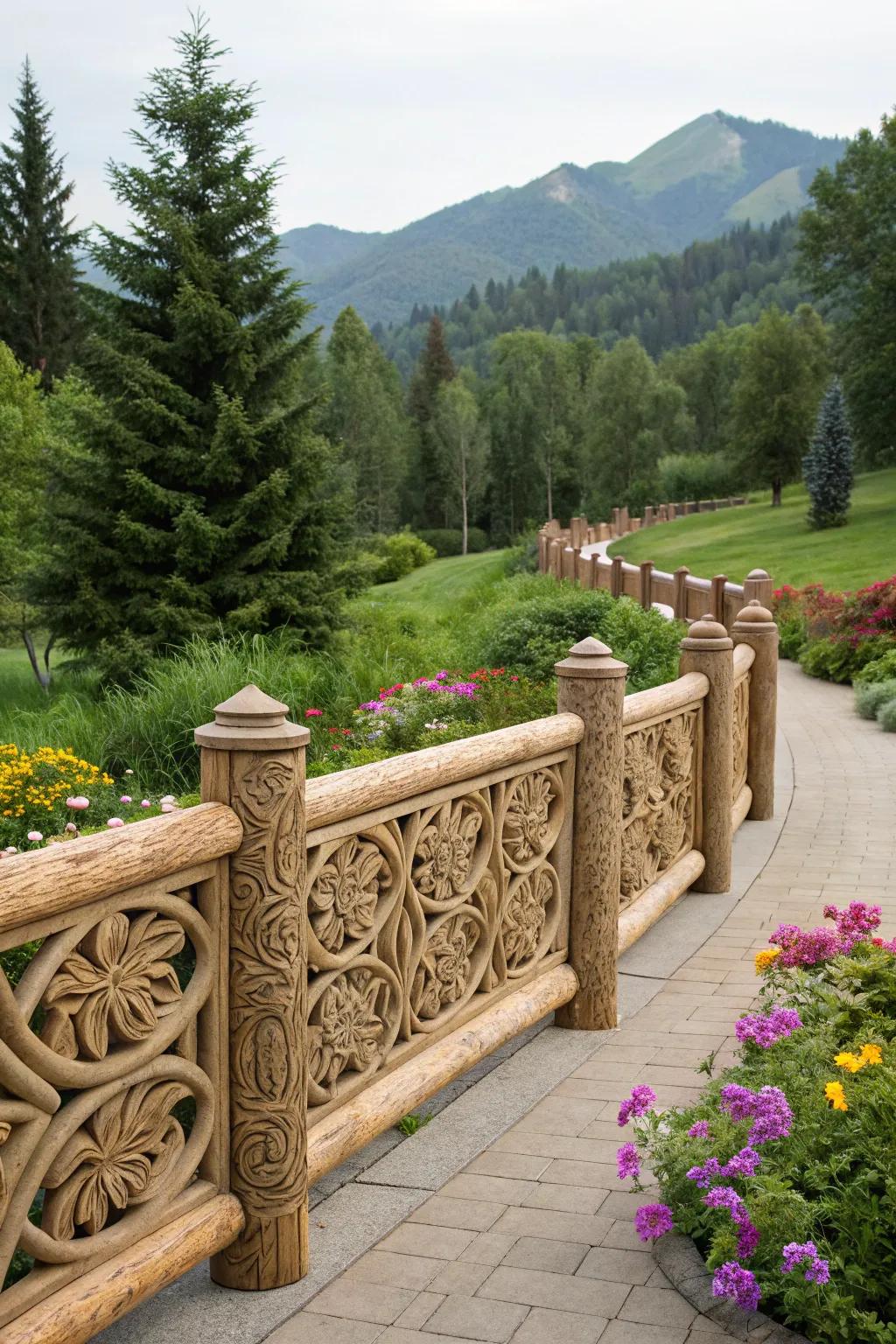 Detailed carvings on a log fence inject artistic flair into a garden landscape.