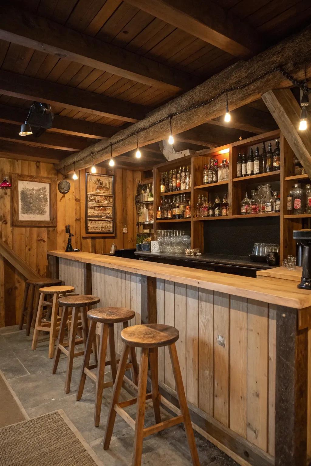 A countryside bar zone with stools establishes a comfortable spot for socializing.