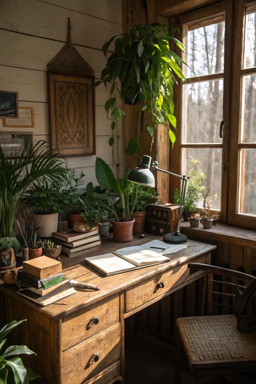 Plants bring vigor and freshness into a country-themed office.