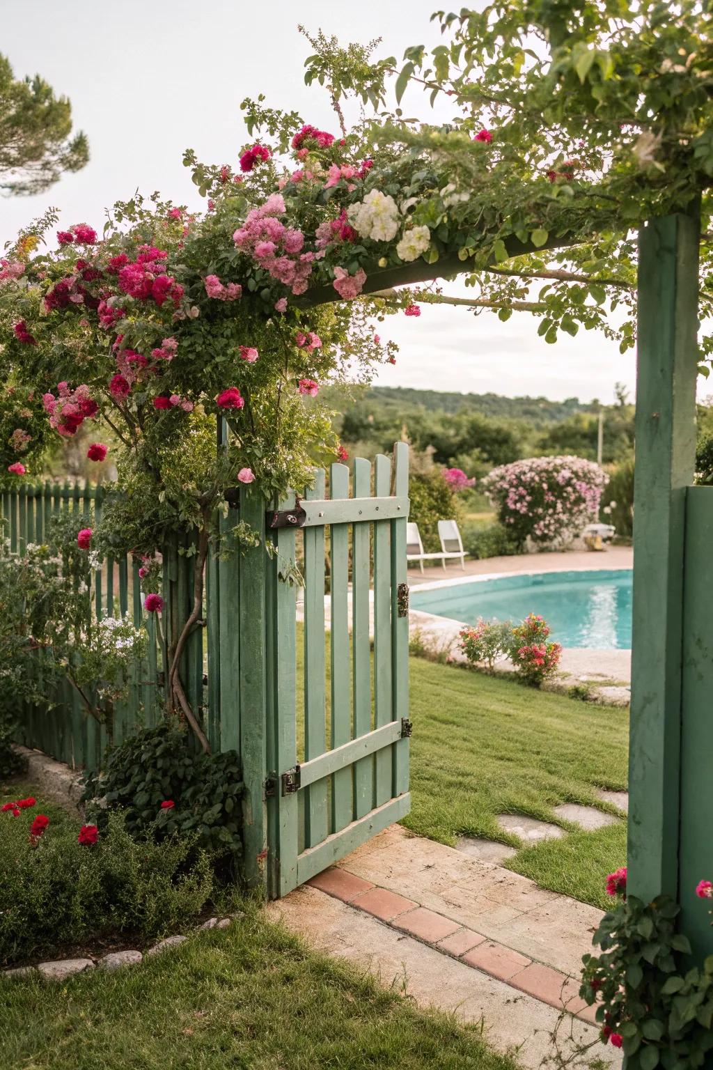 A green timber fence intertwined with creepers, enhancing garden elegance.