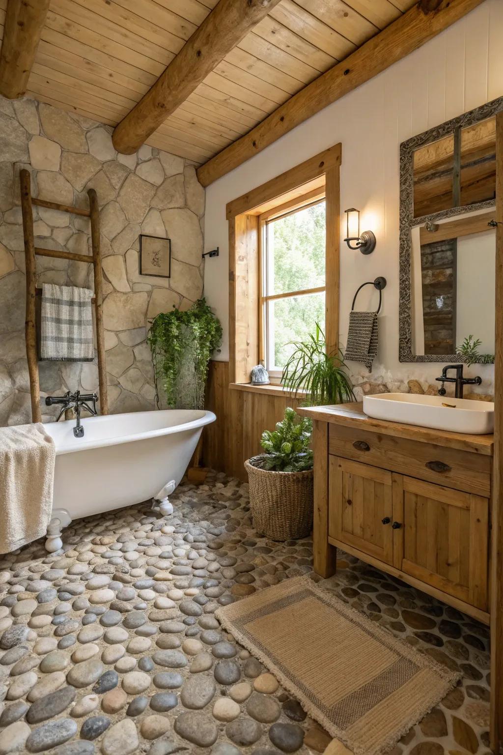 Small stone tile flooring brings a natural element to any bathroom.