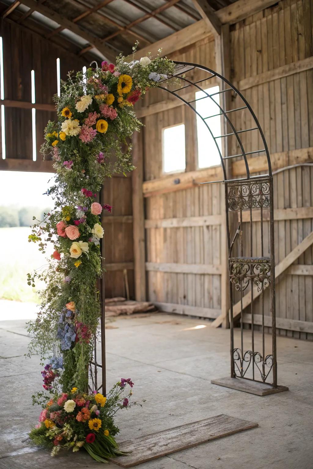 An industrial metal arch softened by the untamed beauty of flowers.