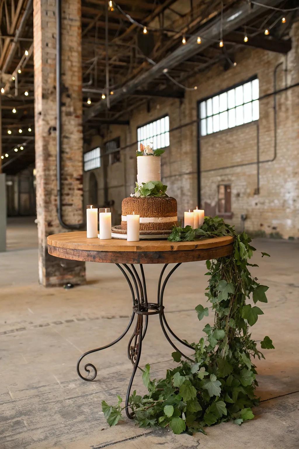 Fashionable metal and timber combination for a countryside-style dessert stand.